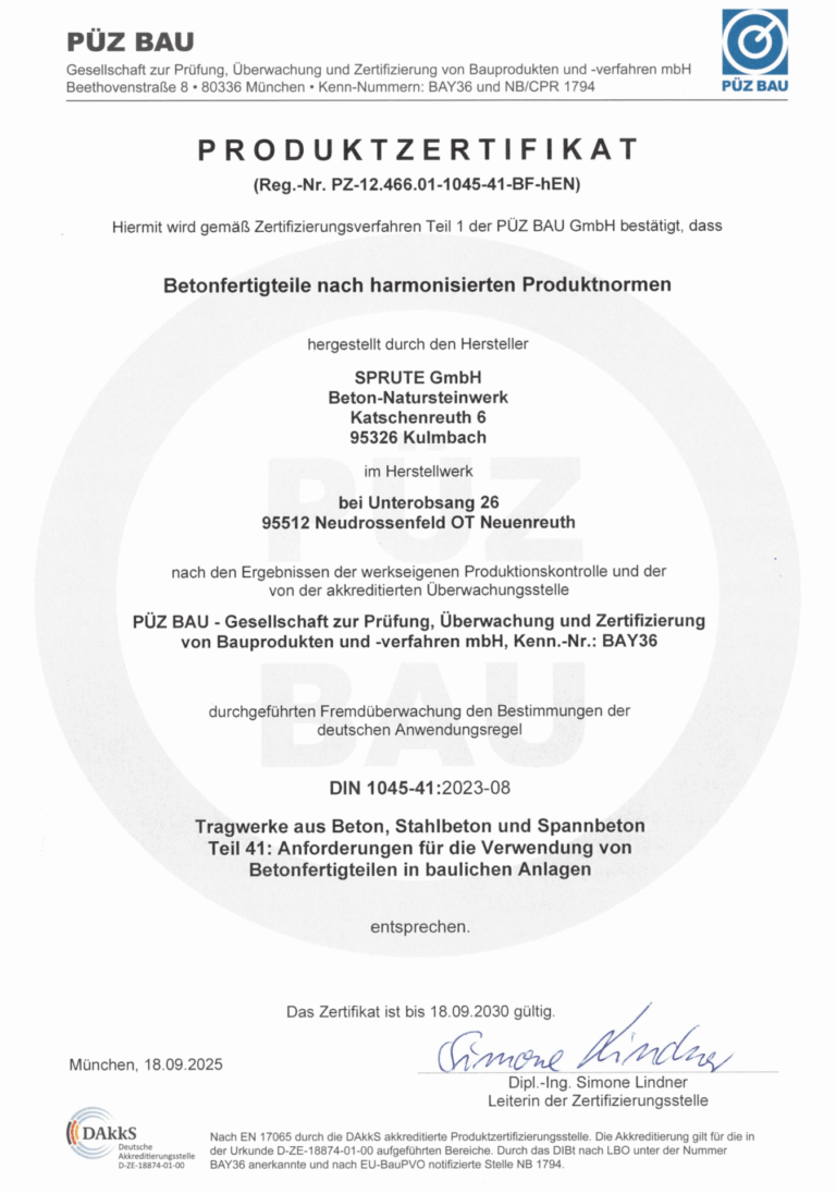 Produktzertifikat Betonfertigteile PÜZ Unterobsang